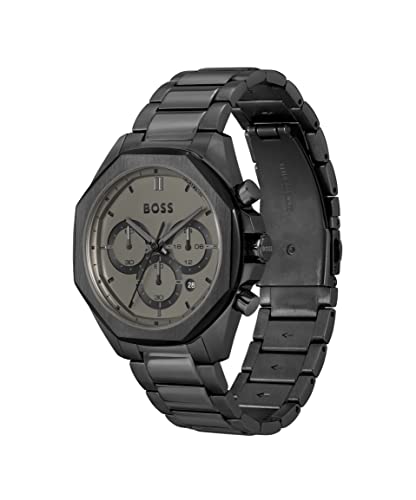 BOSS Cloud Qtz Fashion Chrono Grey Round Dial Men's Analog Watch|Ionic Plated Black Steel Material|Black Color Band - 1514016