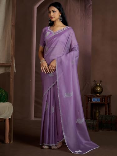 SAREE MALL Women's Lavendar Pure Silk Embellished Saree With Unstitched Blouse (MAHEK957D_MK)