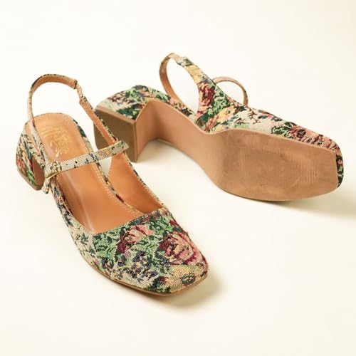 Theater Women Twiggy Multi-Color Floral Mary Jane Heels | Square Toe Slingback Block Heel Sandals with Adjustable Strap | Comfortable & Stylish Shoes for Office, Party & Casual Wear