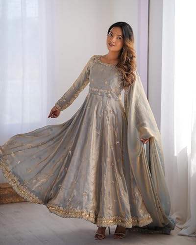 Leeli Peeri Designer Women's Fandy Silk Sequence Work Anarkali Kurta with Trouser and Dupatta(50PDM3-M)