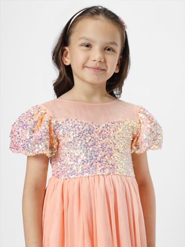 nauti nati Polyester Nautinati Girls' Round Neck Embellished Party Dress Knee-Length Casual NN321-524_Peach