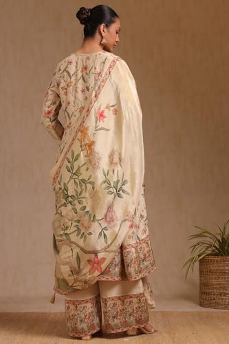 Soch Womens Beige Tissue Floral Print Suit Set With Cutdana