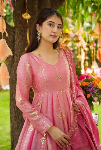 Designer Heavy Crunchy Silk Anarkali Dress for Women | Fully Flared Embroidered Gown with Dupatta | Wedding (in, Alpha, L, Regular, Standard, Peach)