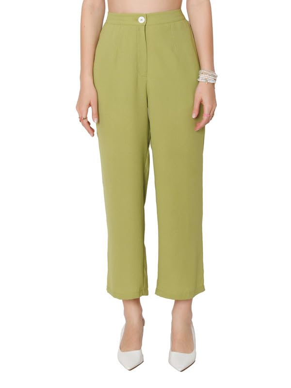 Zink London Women's Green Solid Straight Fit Trouser