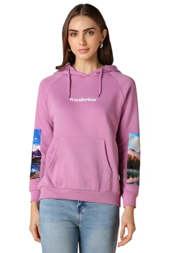 Women Lilac Graphic Print Hooded Neck Sweatshirt