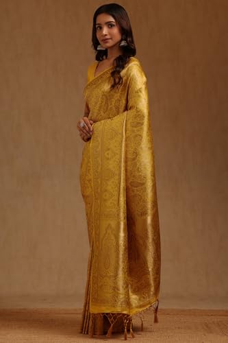 Soch Womens Yellow Tussar Floral Zari Woven Saree