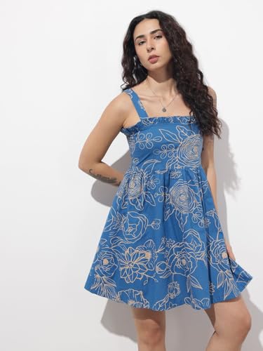Divena Blue Shoulder Strap Poplin Cotton Mini Dress-DK2315