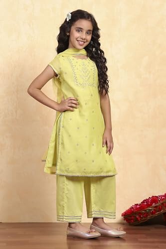 BIBA Girl's Lime Yellow Polyester Straight Printed Suit Set