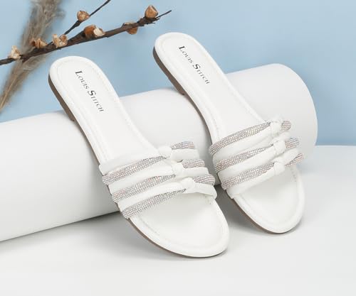 LOUIS STITCH Women's Fashion Flat Slip On Sandals | Open Toe White Stylish Flat Sandal for Ladies, Comfortable All Day Wear Slipper | LSOF-LDSL-GLTSWH | UK-5