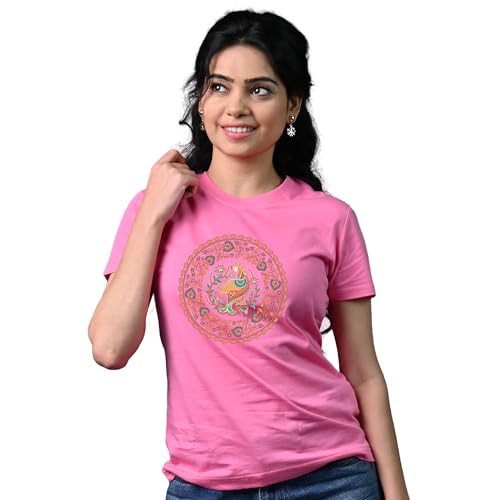 Women Cotton Half Sleeve Round Neck Slim Fit T-Shirt with Kalamkari Art Printed Peacock Design T-Shirt (in, Alpha, 2XL, Pink)