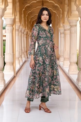 W for Woman Floral Printed Metallic Embroidered Flared Kota Doria Kurta with Pant and Dupatta Set - Green (WS13278-126619-3XL)