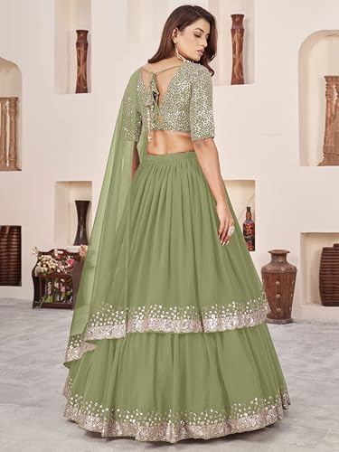 Zeel Clothing Women's Sequins Embroidered Georgette New Lehenga Choli with Dupatta (5066-Olive-Womens-Lehenga-Choli-Latest; Free Size) (Olive)