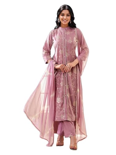 V4M Women's Lavender Pure Cotton Embroidered Floral Printed Straight Kurta Set With Dupatta