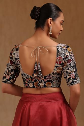 Soch Womens Navy Blue Georgette Embroidered Padded Blouse with Zari