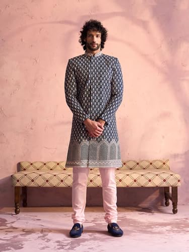VASTRAMAY Men's Navy Blue And Pink Viscose Sherwani Set_VSHRMIW227NBnK169PNnVP2PN_40