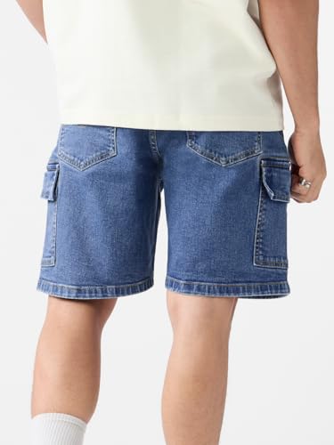 The Souled Store Baggy Cargo: Glacier Men and Boys Buttoned Knee Length Cotton Blend Baggy Fit Denim Shorts