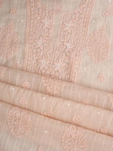 Ada Hand Embroidered Lucknowi Chikankari Unstitched Chanderi Dress Material Suit Piece with Dupatta for Women with Pearl Work 01A938020 Peach