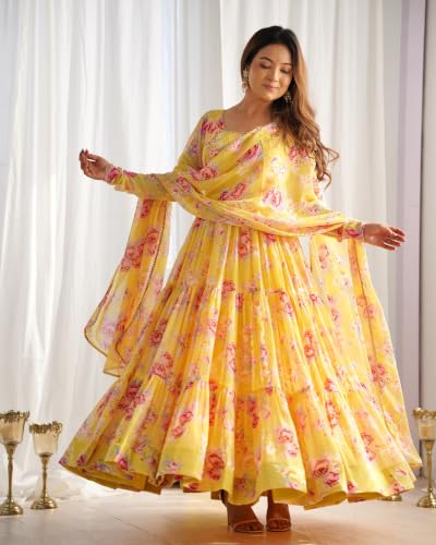 Leeli Peeri Designer Women's Faux Georgette Floral Print Anarkali Kurta Set With Dupatta