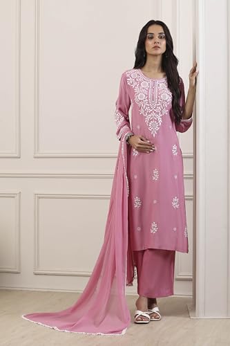 Biba Women Pink Poly Viscose Straight Suit Set_36