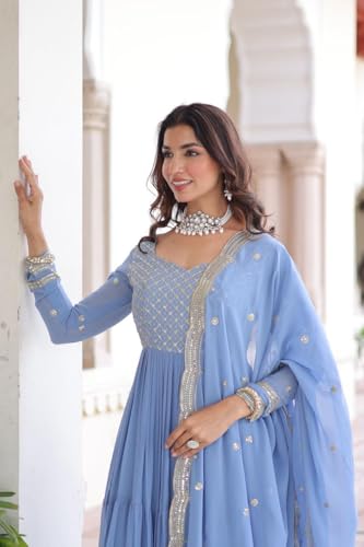 PRISTIQ Fashion Faux Georgette Anarkali Dress Set with Dupatta, Embroidered, Traditional Indian Ethnic Wear, (in, Alpha, 2XL, Regular, Sky)