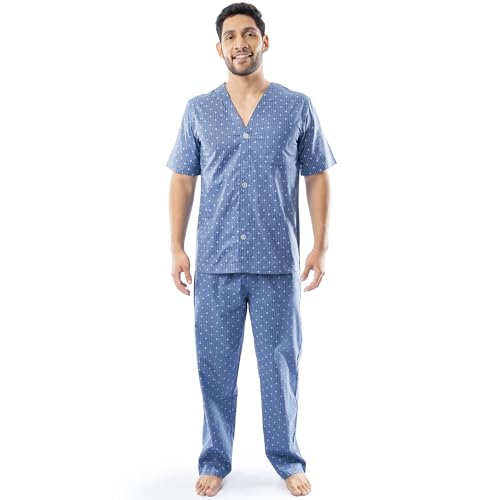 Fruit of the Loom mens Broadcloth Short Sleeve Top and Long Pants Pajama Set, Medium Blue, Small