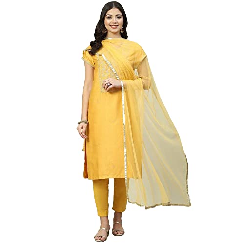 Biba Women Polycotton Printed Narrow Salwar Kurta Dupatta(Skdassorted8331_Mustard_36)