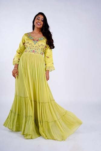 KIYANA'S Women's Georgette Traditional Outfit with Long Boutique Gown with Frills | Full Sleeve with Short Frills, (Size:-L) Olive Green