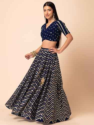 Zeel Clothing Women's Sequins Zari Embroidered Georgette Designer Lehenga Choli with Dupatta (7094-Blue-Womens-Lehenga-Choli-Latest; Free Size) (Blue)