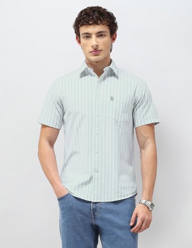 U.S.Polo Association Men's Vertical Striped Regular Fit Shirt (USSHT3402H_Light Green_39)