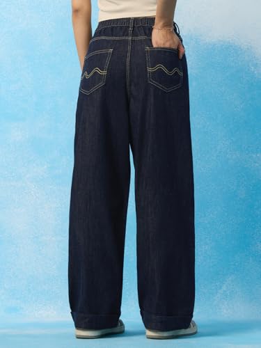 The Souled Store Baggy-Fit Denim: Atlantis Women and Girls Zip Fly Partially Elasticated Back Waistband Ink Blue Washed Cotton Denim Baggy Fit Front Pleat Detailing All-Season Jeans
