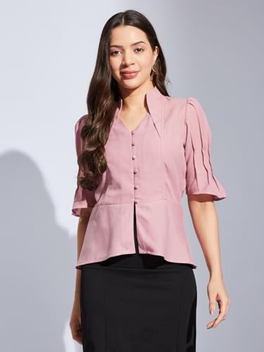 Latin Quarters Women Pink V-Neck Half Sleeves Solid Top Blouse for Casual Wear_XL