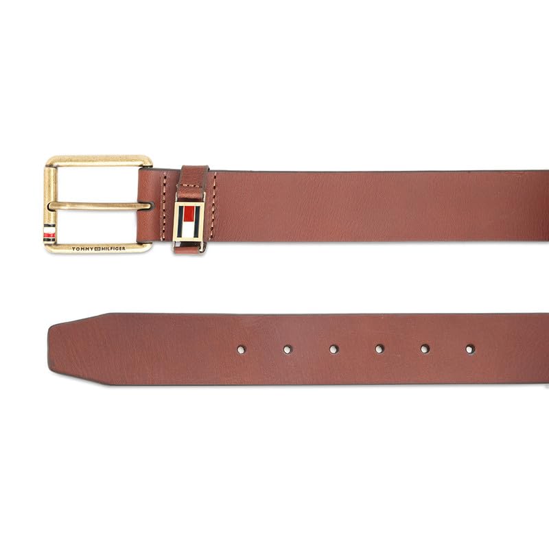 Tommy Hilfiger Men's Leather Belt Glace - Tan | Brushed Brass Buckle | Leather Belt For Any Occasion | Size - S (80Cm)