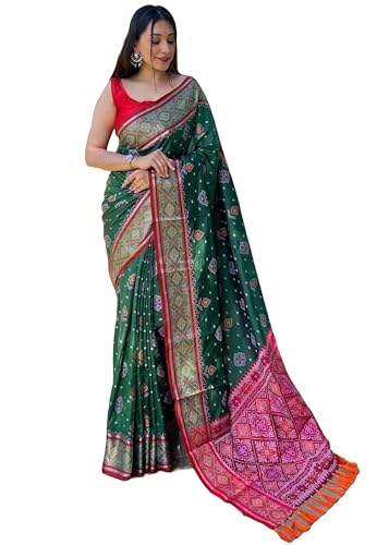 Panzora Women's Patola Silk Meenakari Work Saree With Unstitched Blouse Piece