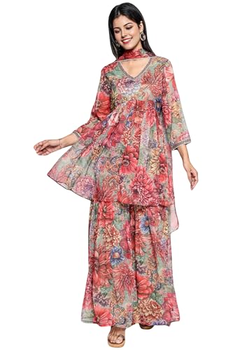 W for Woman Multicolour Printed Silver Chiffon Flared Kurta, Sharara and Dupatta Set (Size: L)-WS13199-126196