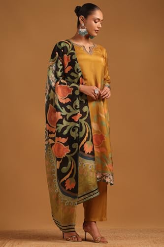 Soch Womens Mustard Crepe Botanical Salwar Suit With Mirror & Cutdana