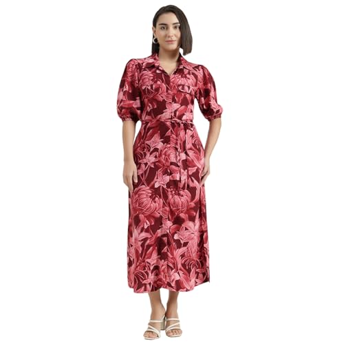 United Colors of Benetton Regular Fit Spread Collar Tropical Printed Dress (Size : XS) - 26P4DRESS057I901 Maroon