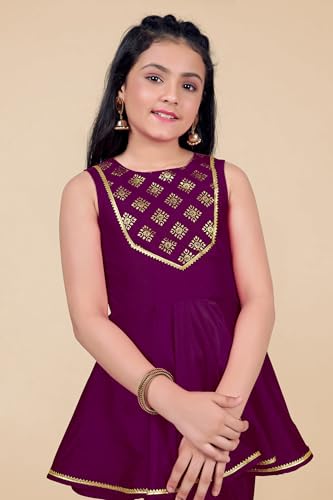 Fashion Dream Girl's Cotton Blend Printed Salwar Suit Set|Kids Salwar Suit Set|Ethnic Wear for Kids|Suit for Girls|Sharara Set for Girls (FDGSET00492 PRP 36_Purple_11-12 Years)
