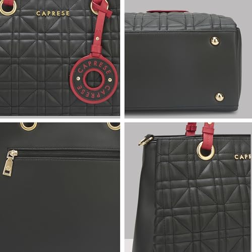 Caprese Aimee Large Quilted Faux Leather Satchel Bag for Women | Dual Closure, Multi-Compartment Shoulder & Crossbody Handbag with Detachable Strap | Perfect for Work, Travel & Shopping (Black)