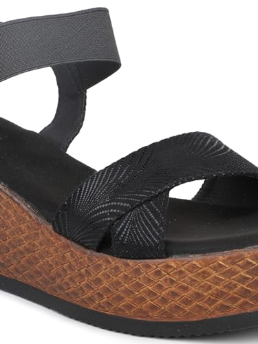 Women Black Textured Open-Toe Wedges