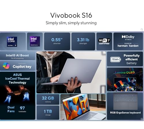 ASUS Vivobook 16" OLED WQXGA+(2880x1800) Slim Laptop, Intel Core Ultra9 285H, Wi-Fi 7, RGB Backlit KB, 2X Thunderbolt 4, FHD Webcam, win11, Wireless Mouse (32GB RAM | 4TB SSD)