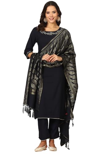 W for Woman Navy Blue Metallic Embroidered Straight Festive Kurta, Straight Pants and Jacquard Dupatta Set (Size: XS)-24AUWS11187-222209
