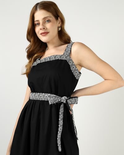 Sands of India Women’s Black Embroidered Midi Dress | Sleeveless Belted Evening Dress | Elegant Party, Casual Dress for Women