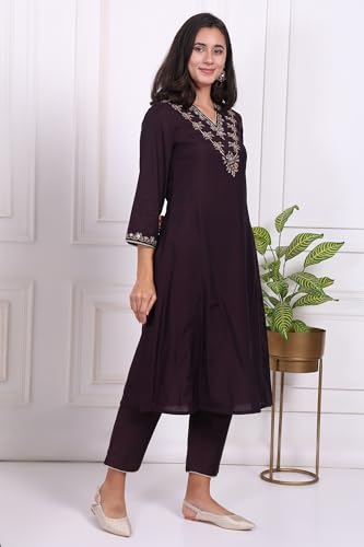 W for Woman Purple Embroidered Straight Kurta, Pants and Dupatta Set - (WS13238-224189-S)