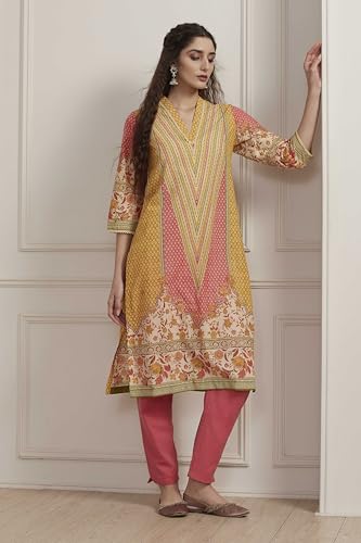 Biba Women Yellow Cotton Printed Straight Kurta_32