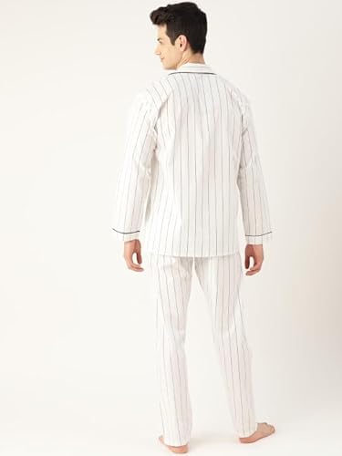 Hancock Men Pure Cotton Striped Pyjama Set White-M