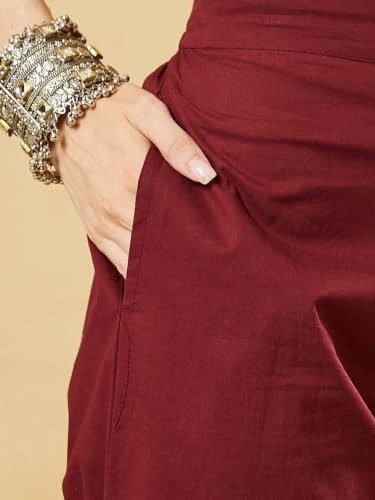 Divena Maroon Cotton V-Neck A-Line kurta Pant set With Dupatta