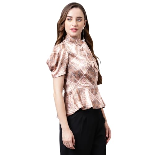 Latin Quarters Women's Brown Half Sleeve Printed Blouse/Top_XL