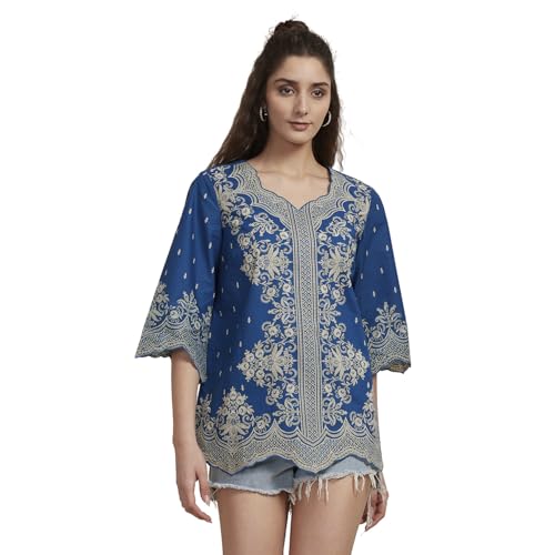 Biba Women Blue Cotton Straight Short Kurti_34