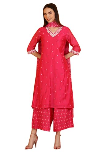 W for Woman Pink Embroidered Chanderi Panelled Kurta, Cropped Pants and Dupatta Set (Size: L)-WS12729-223576