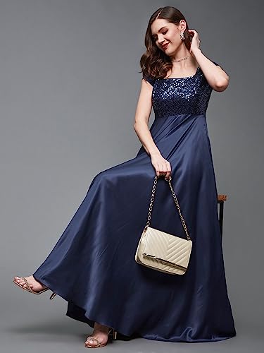 Miss Chase Women's Square Neck Short Sleeve Embellished Polyester Fit & Flare Maxi Dress (MCAW22D99-88-BCF-07, Maqui Blue, 2XL)